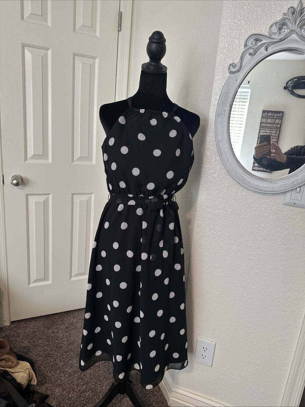 Banana Republic Size 2 Navy/White Polka Dot A-Line Midi Dress Belt Lined